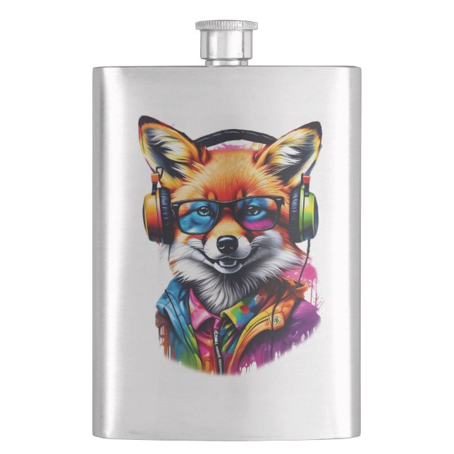 A fox in headphones and glasses flask (Front)