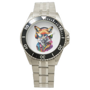 A fox in headphones and glasses watch
