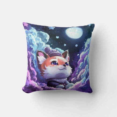 A Fox Surrounded by Clouds under Moon Light Throw Pillow