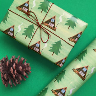 A-frame Cabin House and Pine Tree Wrapping Paper