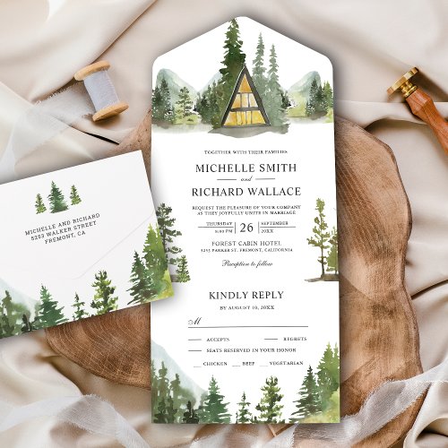 A_Frame Cabin Lodge Rustic Mountain Forest Wedding All In One Invitation