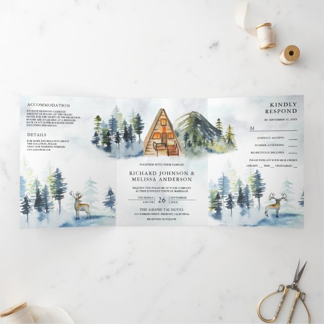 A-Frame Cabin Lodge Winter Mountain Forest Wedding Tri-Fold Invitation (Inside)