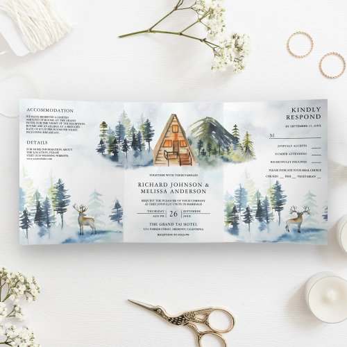 A_Frame Cabin Lodge Winter Mountain Forest Wedding Tri_Fold Invitation