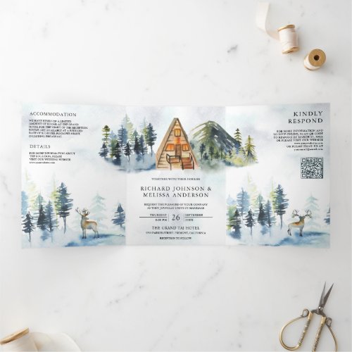 A-Frame Cabin Mountain Forest QR Code Wedding Tri-Fold Invitation