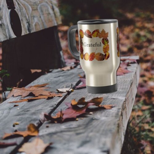 A Frame of Autumn Leaves with Grateful in Center Travel Mug