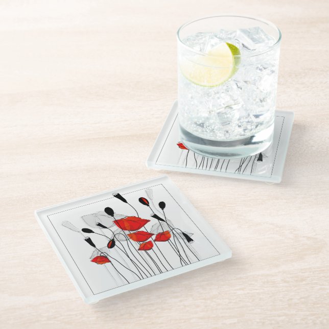 A Frame of Red Poppies Glass Coaster (Angled)