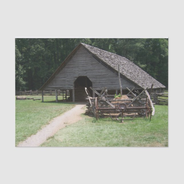 A-Frame Wood and Stone Barn with Large Wagon Tissue Paper (Front)