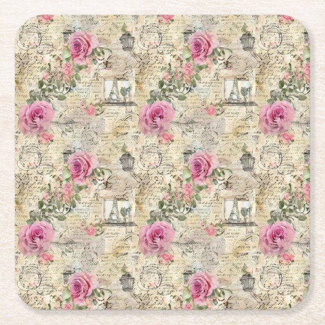 A French Ephemera Design Series 1 Square Paper Coaster (Front)