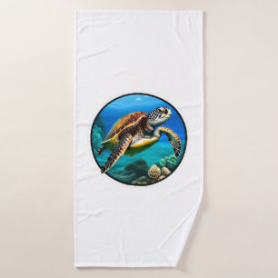 A friendly sea turtle swimming in the ocean bath towel