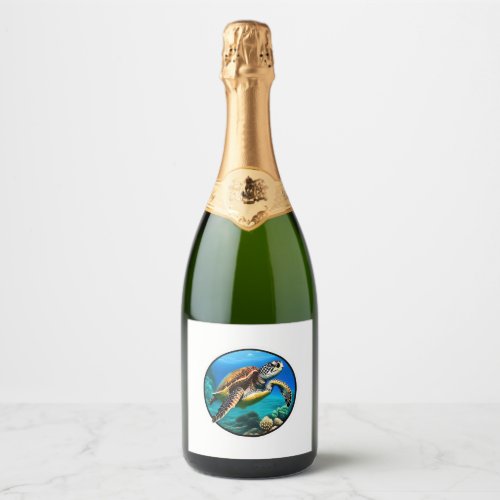 A friendly sea turtle swimming in the ocean sparkling wine label