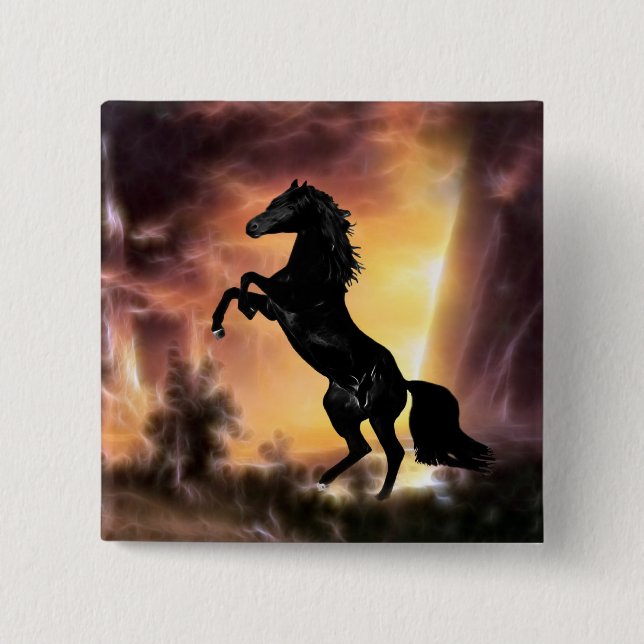 A Friesian Stallion horse rearing Button (Front)