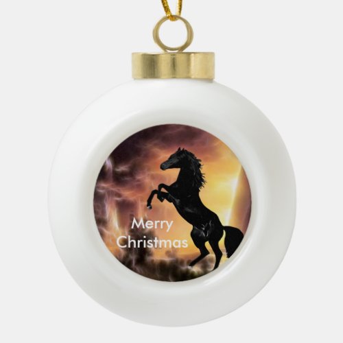 A Friesian Stallion horse rearing Ceramic Ball Christmas Ornament