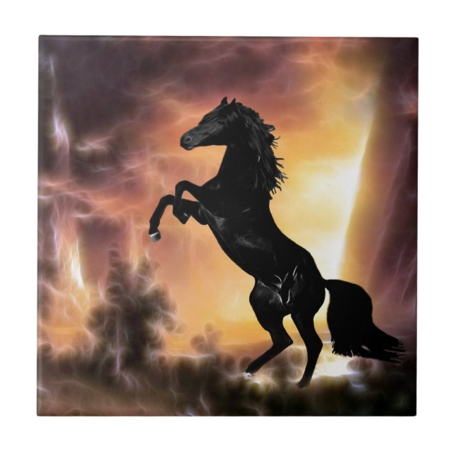A Friesian Stallion horse rearing Ceramic Tile (Front)