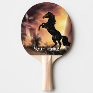 A Friesian Stallion horse rearing Ping Pong Paddle