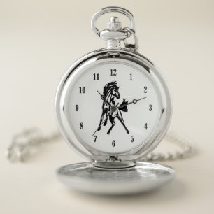 A Frisky Jumping Horse in the Wild Black Numbers Pocket Watch