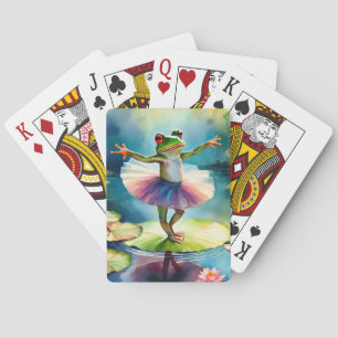 A frog ballerina dancing on a lotus leaf in a pond poker cards