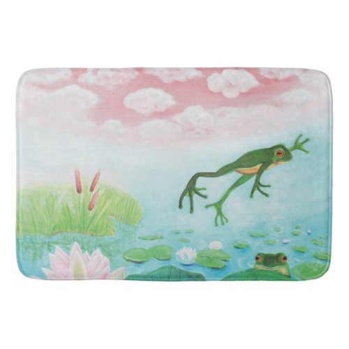 A Frog Jumps Into The Pond Illustration  Bath Mat
