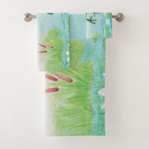 A Frog Jumps Into The Pond Illustration Bath Towel Set