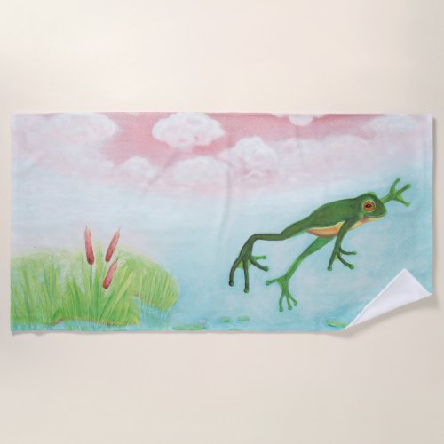 A Frog Jumps Into The Pond Illustration   Beach Towel