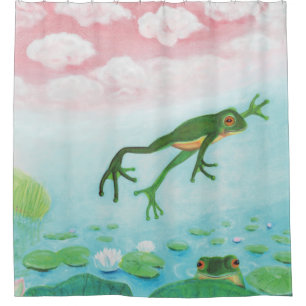 A Frog Jumps Into The Pond Illustration  Shower Curtain