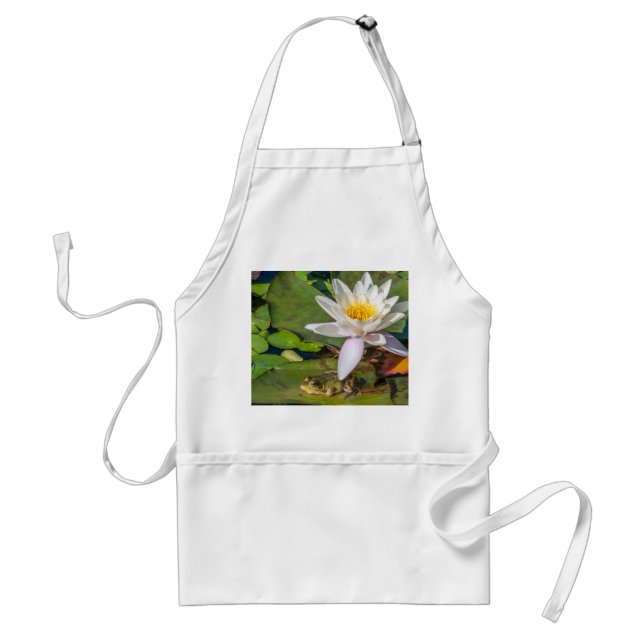 A frog under a water lily flower adult apron (Front)