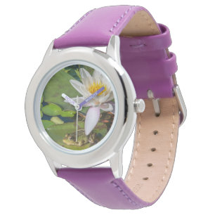 A frog under a water lily flower watch