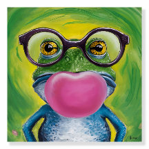 A frog wearing glasses and blowing a pink bubble 