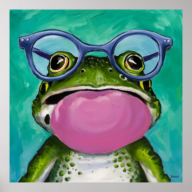 A frog wearing glasses and blowing a pink bubble  poster (Front)