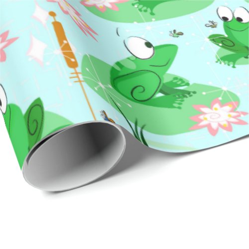 A froggy celebration _ cheerful pastel pond scene wrapping paper
