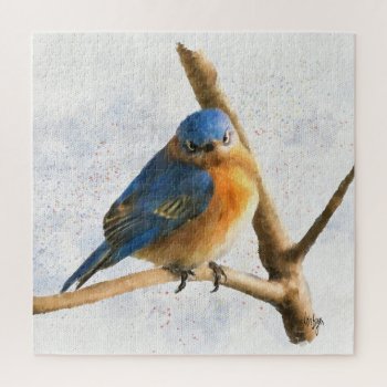 A Frowning Bluebird Rests On A Branch Jigsaw Puzzle by LoisBryan at Zazzle