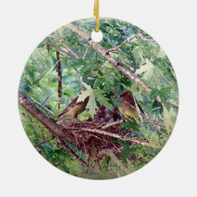 A Full Nest, Parents and Baby Birds Ceramic Ornament (Back)