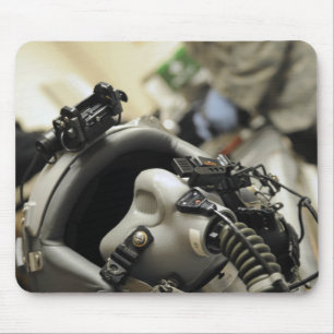 A fully assembled flight crew helmet mouse pad