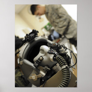 A fully assembled flight crew helmet poster