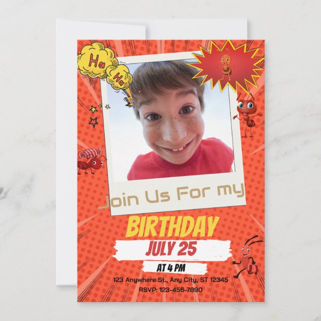 A funny birthday invitation in orange and black. (Front)
