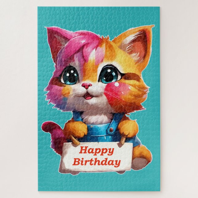 A funny birthday kitten jigsaw puzzle (Vertical)