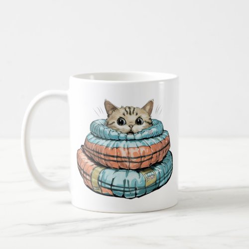 A funny cat feels cold coffee mug