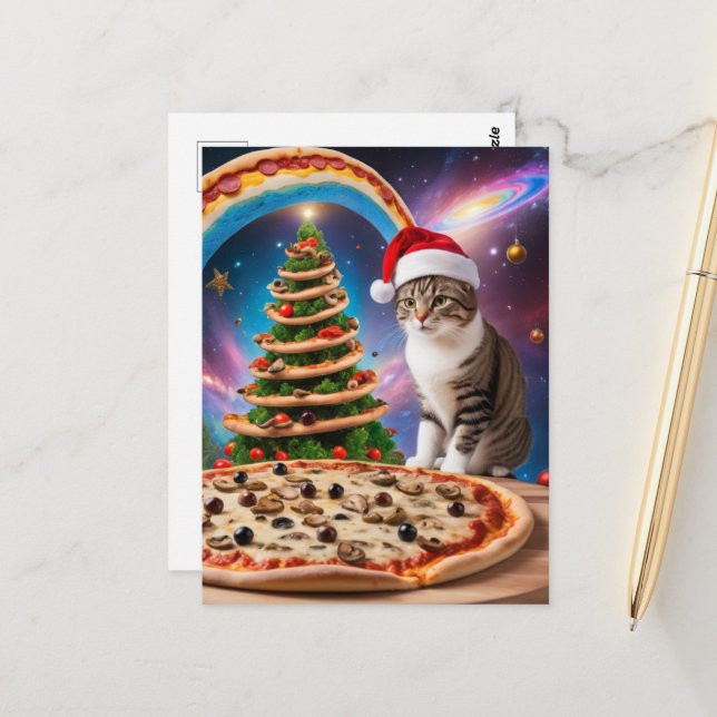 A Funny Christmas Pizza Cat Postcard (Front/Back In Situ)