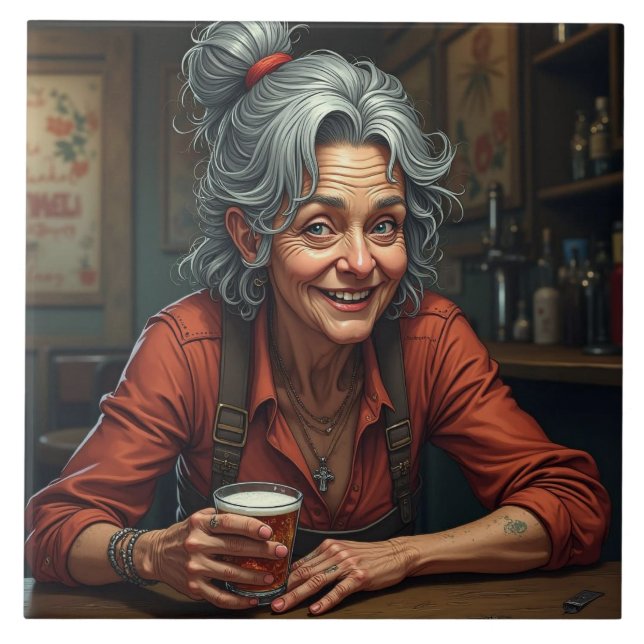 A Funny Comic Older Woman at Bar with Beer Ceramic Tile (Front)