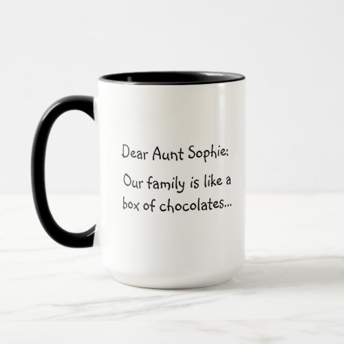 A funny custom text mug for a family member