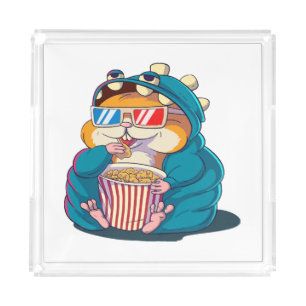 A funny hamster wearing glasses eats popcorn acrylic tray