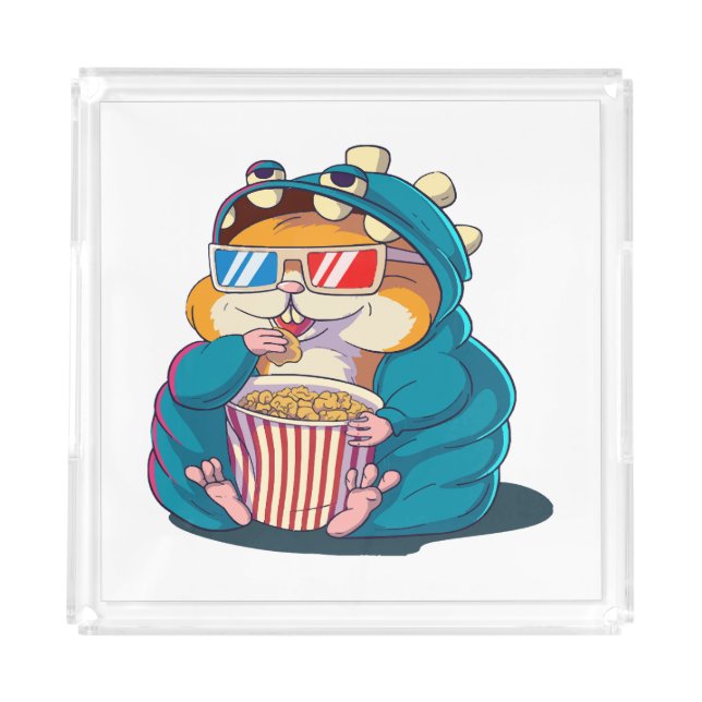 A funny hamster wearing glasses eats popcorn acrylic tray (Front)