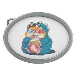 A funny hamster wearing glasses eats popcorn belt buckle