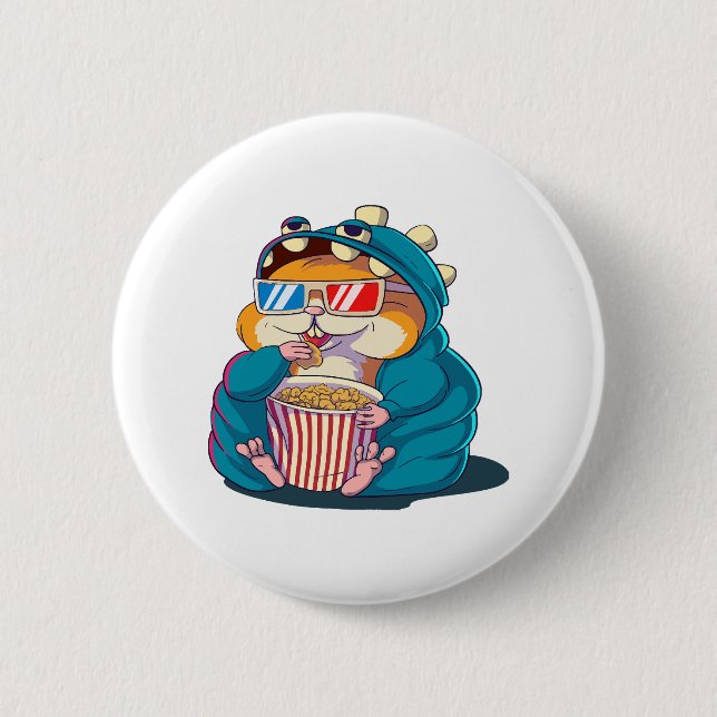 A funny hamster wearing glasses eats popcorn button (Front)