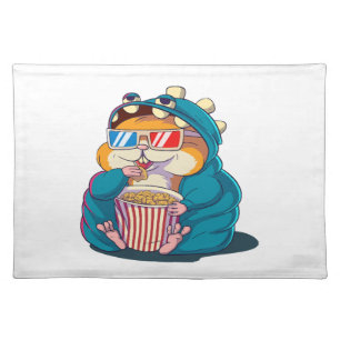A funny hamster wearing glasses eats popcorn cloth placemat