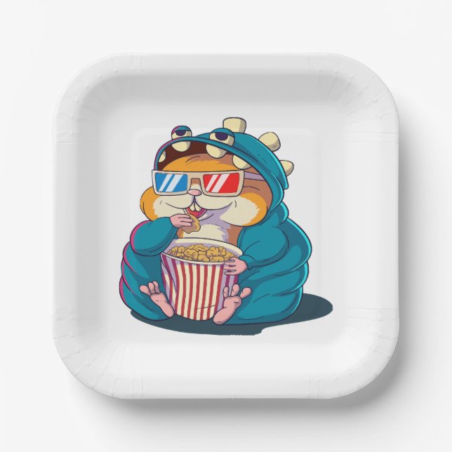 A funny hamster wearing glasses eats popcorn paper plates (Front)