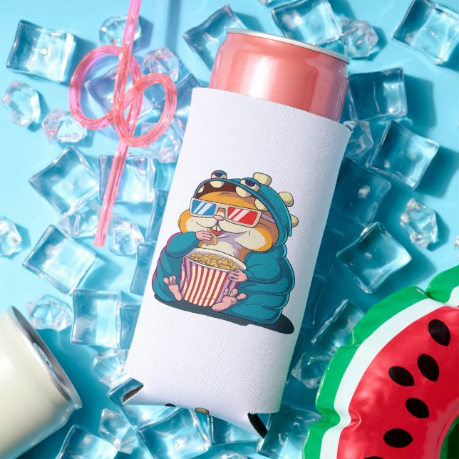 A funny hamster wearing glasses eats popcorn seltzer can cooler (In Situ Summer)