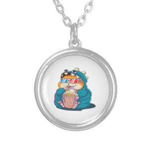 A funny hamster wearing glasses eats popcorn silver plated necklace