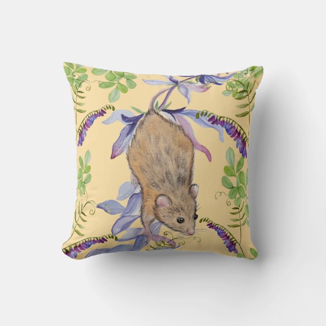 A funny mouse in a thicket of flowers. throw pillow (Front)