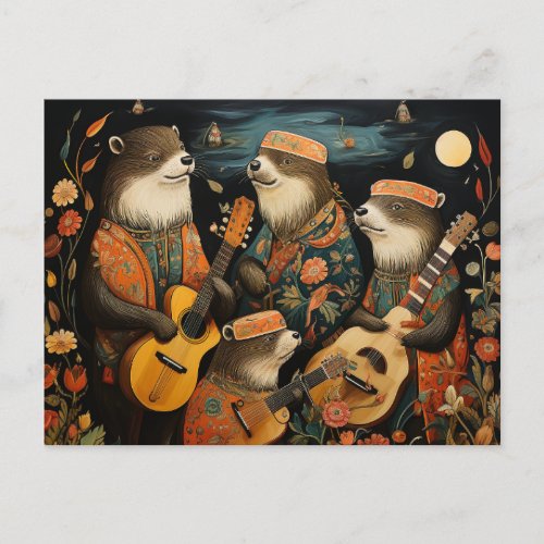 A funny quartet of adorable otter musicians postcard