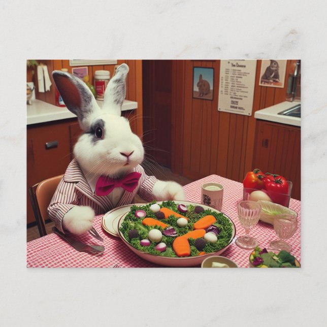 A Funny Rabbit Orders Salad at a Diner AI Art Postcard (Front)